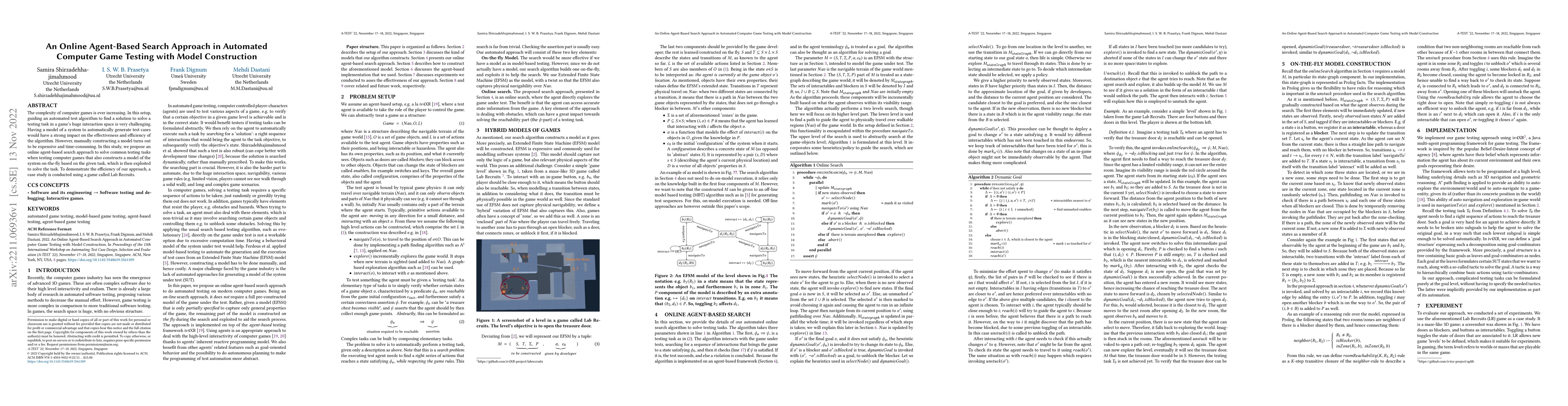 Thumbnail for An Online Agent-Based Search Approach in Automated Computer Game Testing
  with Model Construction