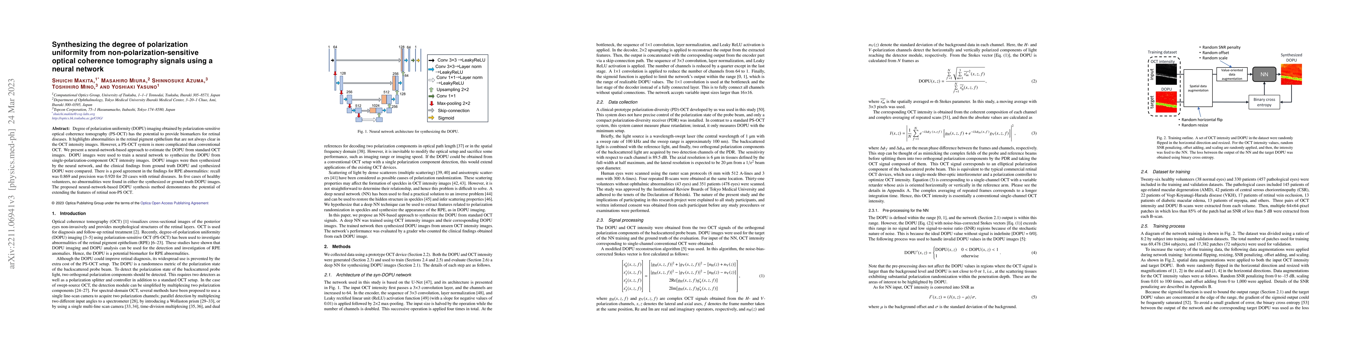 Thumbnail for Synthesizing the degree of polarization uniformity from
  non-polarization-sensitive optical coherence tomography signals using a
  neural network