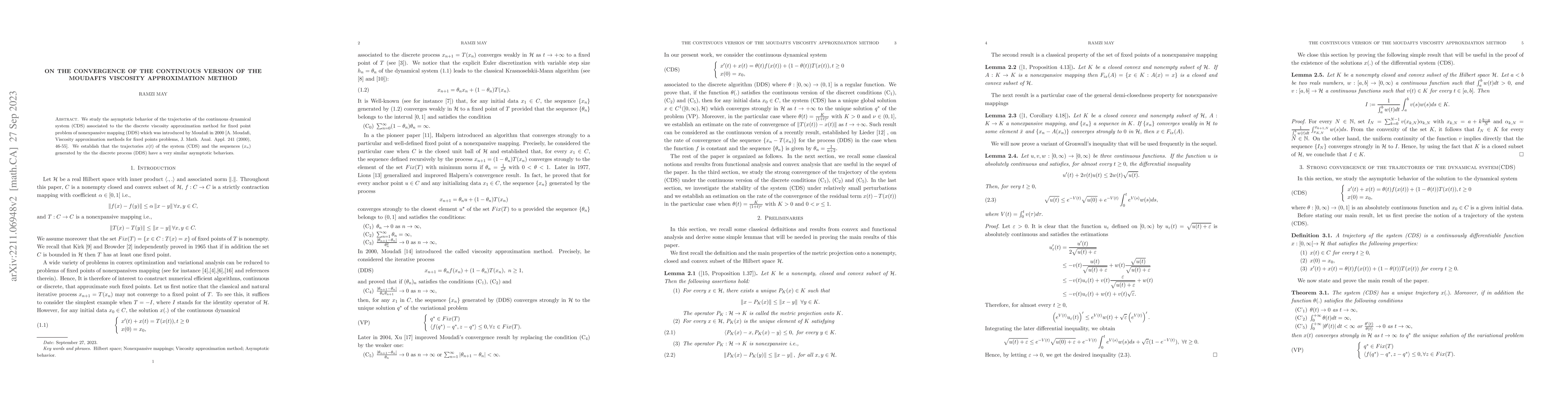 Thumbnail for On the convergence of the continuous version of the Moudafi's viscosity
  approximation method