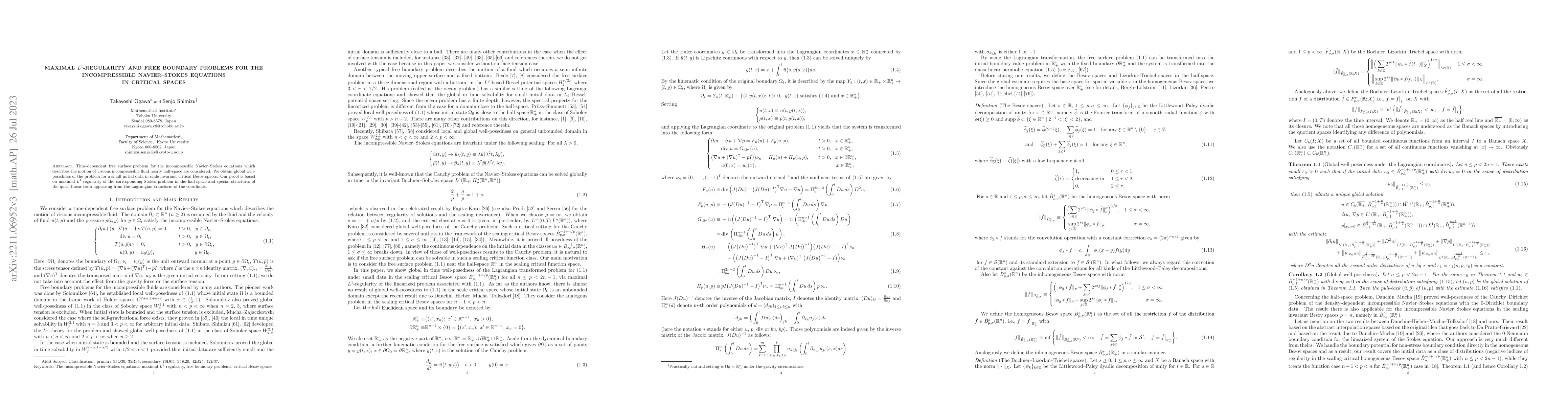 Thumbnail for Maximal $L^1$-regularity and free boundary problems for the
  incompressible Navier-Stokes equations in critical spaces
