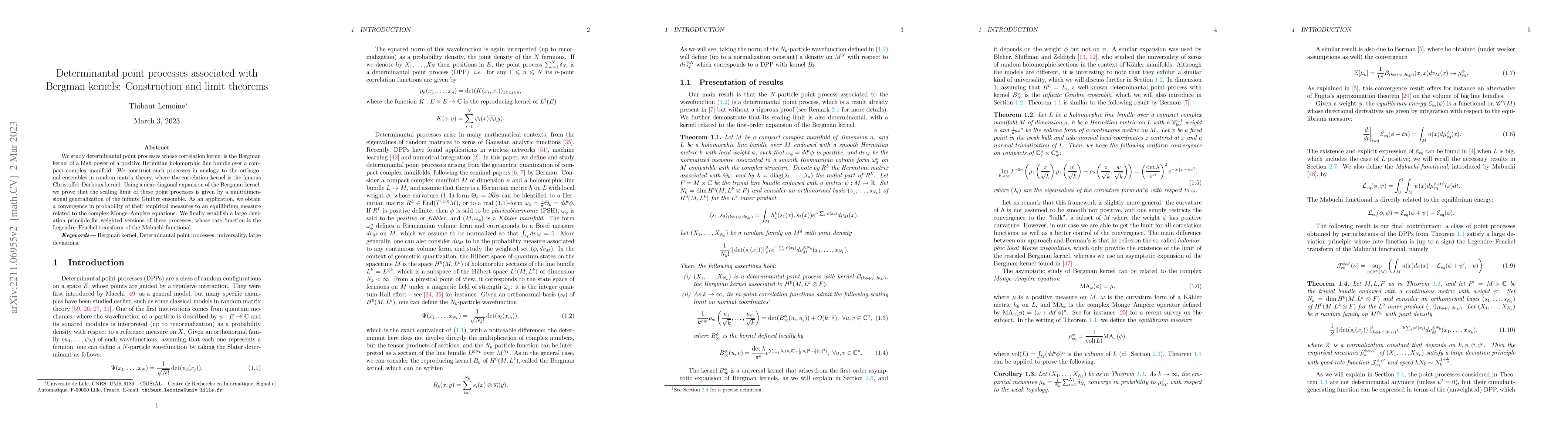 Thumbnail for Determinantal point processes associated with Bergman kernels:
  construction and limit theorems