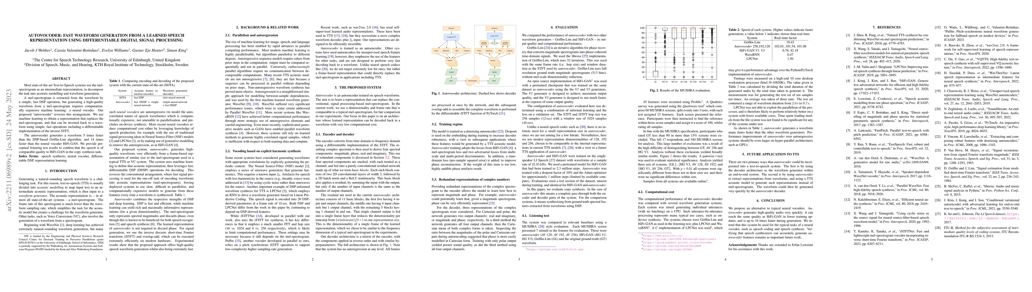 Thumbnail for Autovocoder: Fast Waveform Generation from a Learned Speech
  Representation using Differentiable Digital Signal Processing
