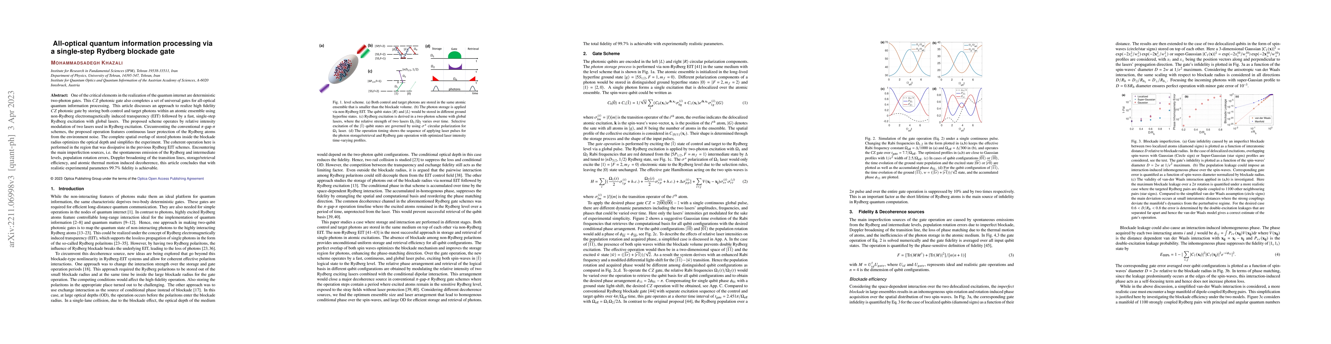Thumbnail for All optical quantum information processing via a single step Rydberg
  blockade gate