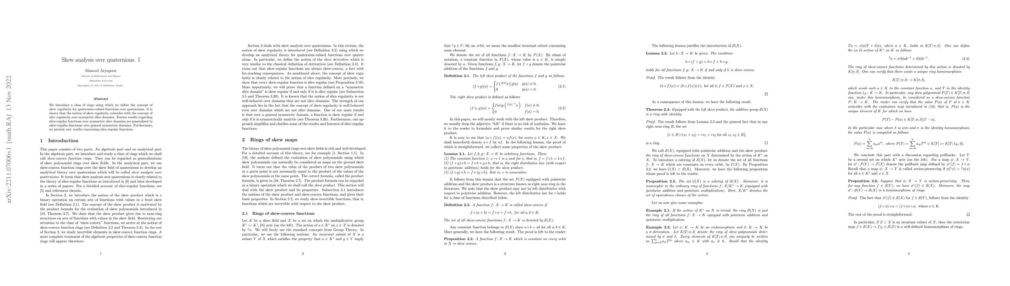 Thumbnail for Skew analysis over quaternions. I