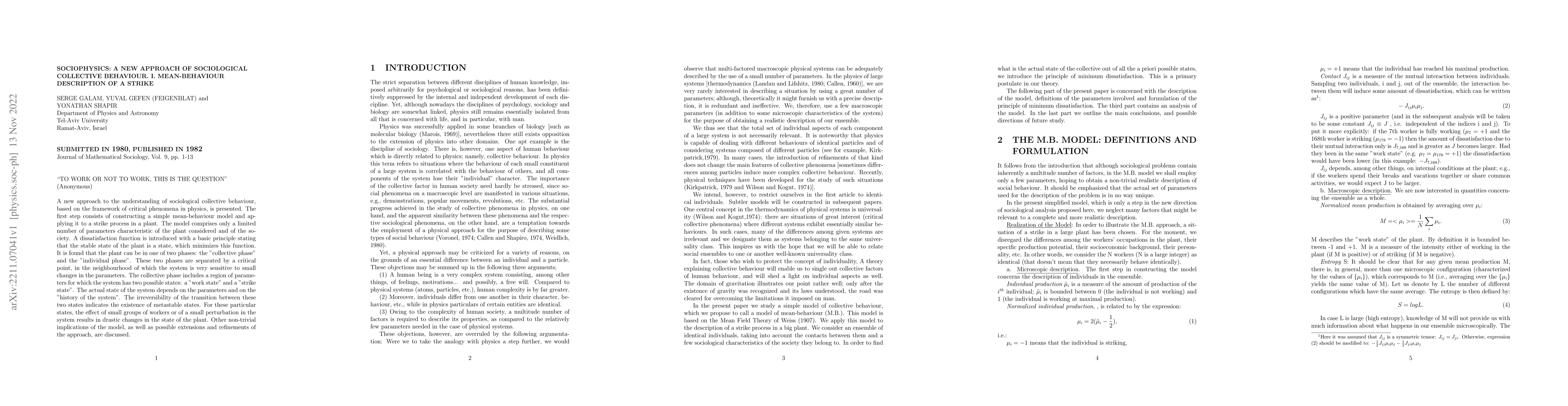 Thumbnail for Sociophysics: a new approach of sociological collective behaviour. I.
  Mean-behaviour description of a strike