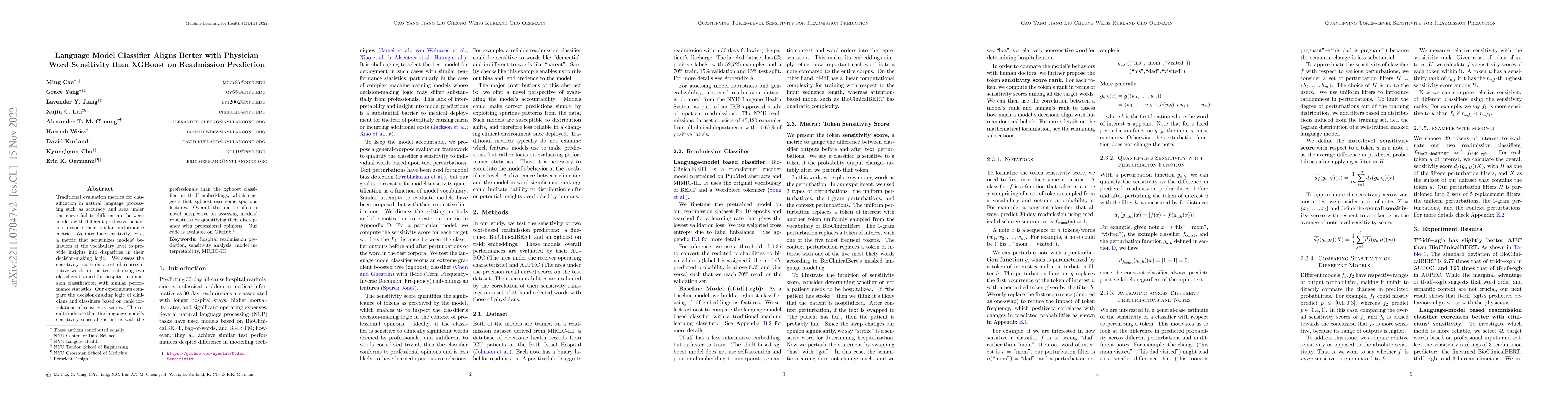 Thumbnail for Language Model Classifier Aligns Better with Physician Word Sensitivity
  than XGBoost on Readmission Prediction