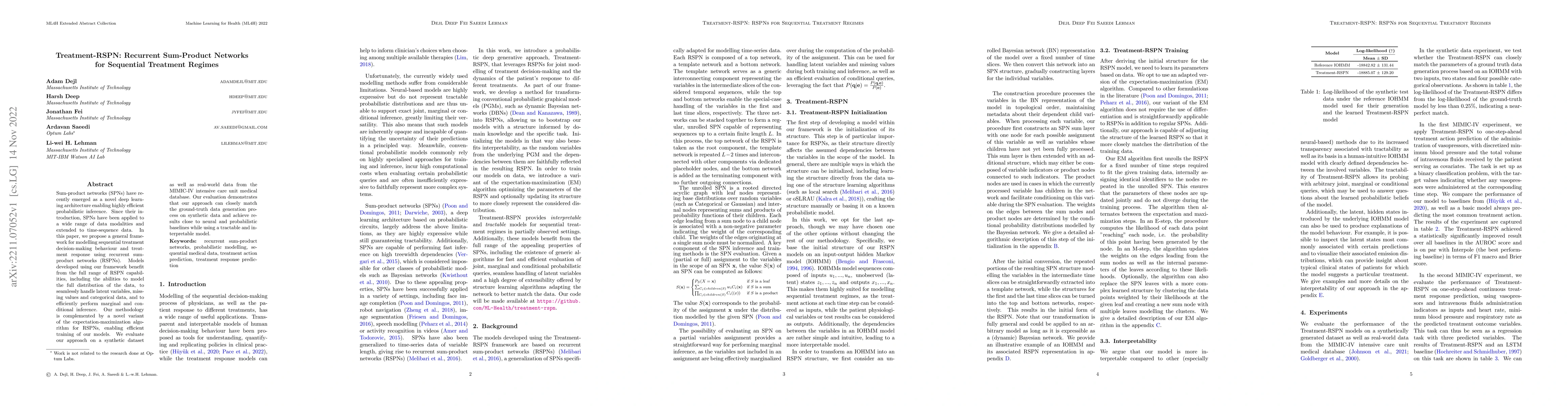 Thumbnail for Treatment-RSPN: Recurrent Sum-Product Networks for Sequential Treatment
  Regimes