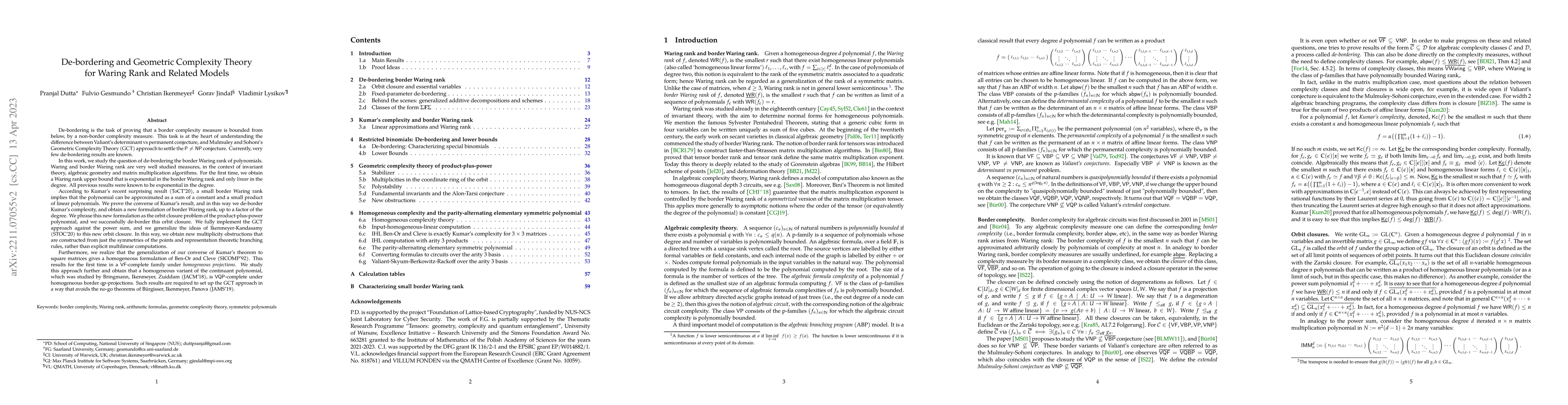 Thumbnail for De-bordering and Geometric Complexity Theory for Waring rank and related
  models
