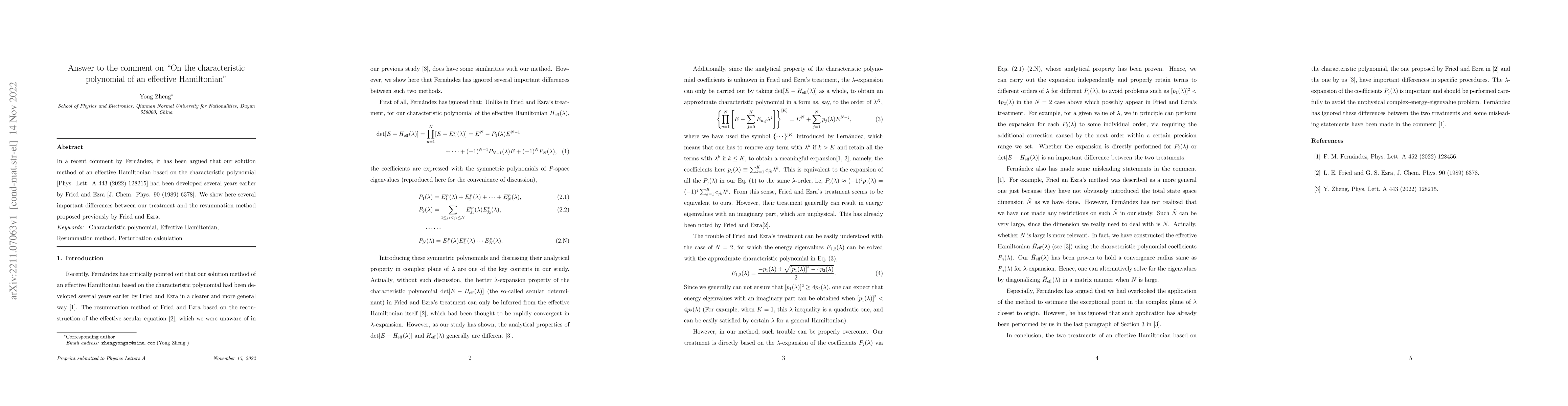 Thumbnail for Answer to the comment on "On the characteristic polynomial of an
  effective Hamiltonian''
