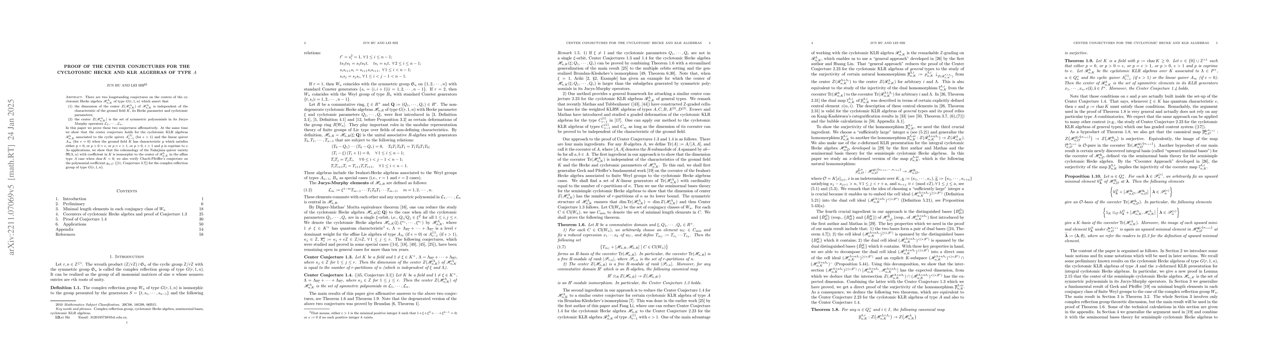 Thumbnail for Proof of the Center Conjectures for the cyclotomic Hecke and KLR
  algebras of type $A$