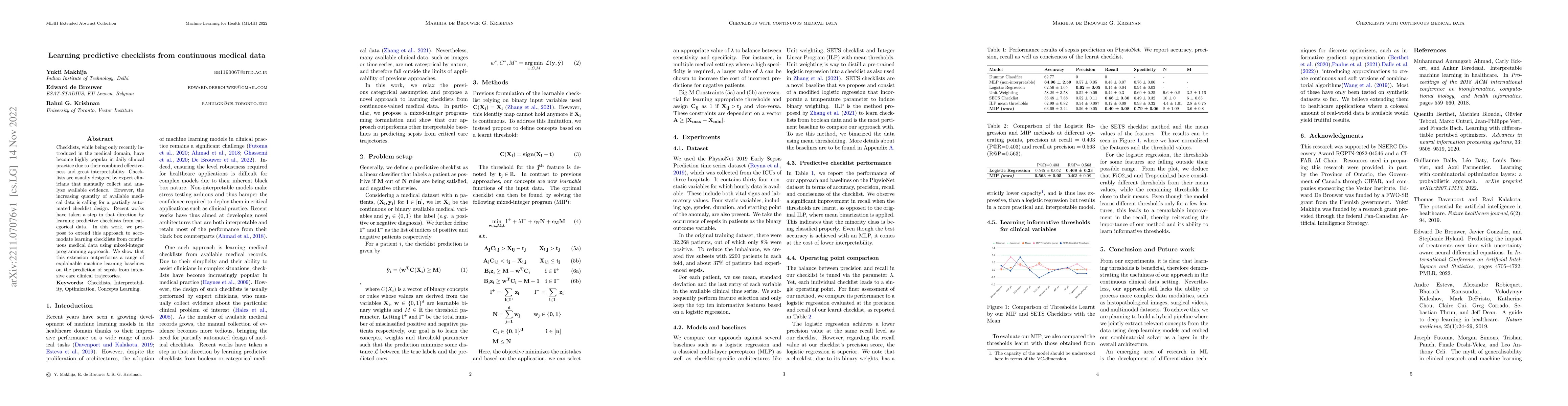 Thumbnail for Learning predictive checklists from continuous medical data