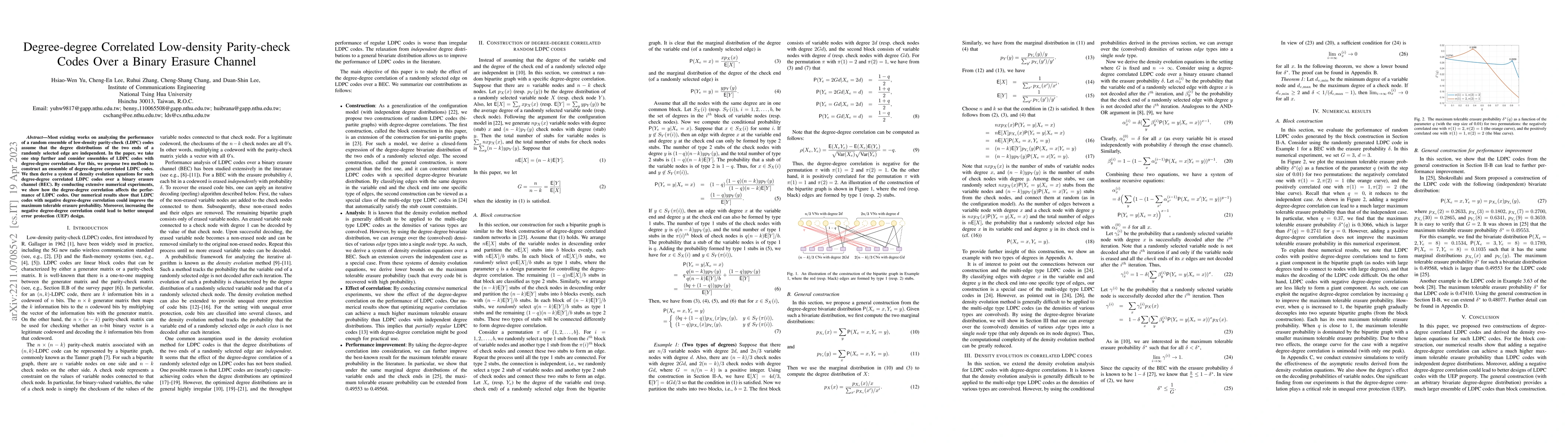 Thumbnail for Degree-degree Correlated Low-density Parity-check Codes Over a Binary
  Erasure Channel