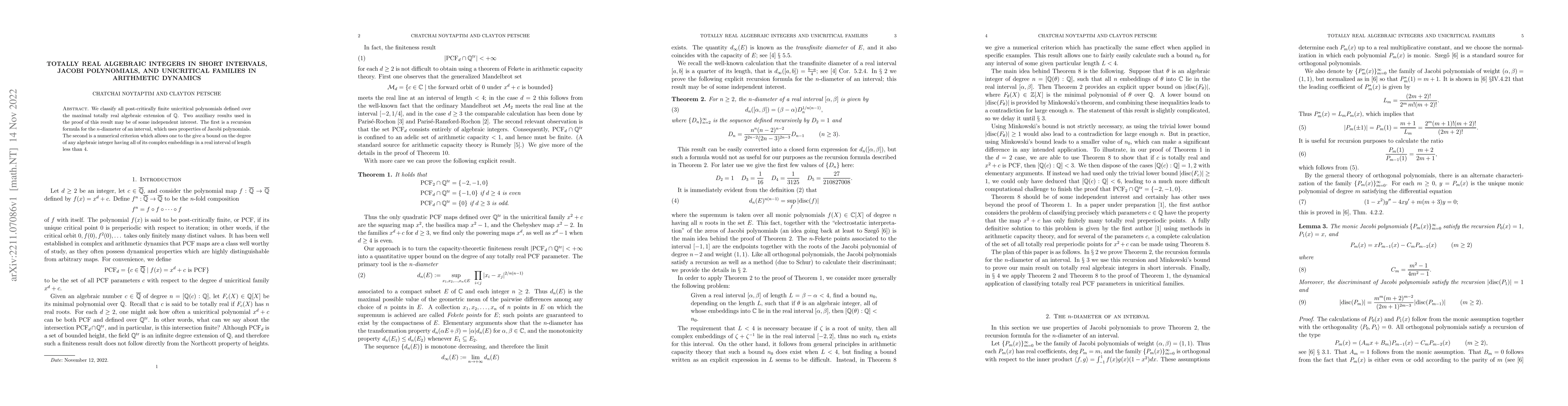 Thumbnail for Totally real algebraic integers in short intervals, Jacobi polynomials,
  and unicritical families in arithmetic dynamics