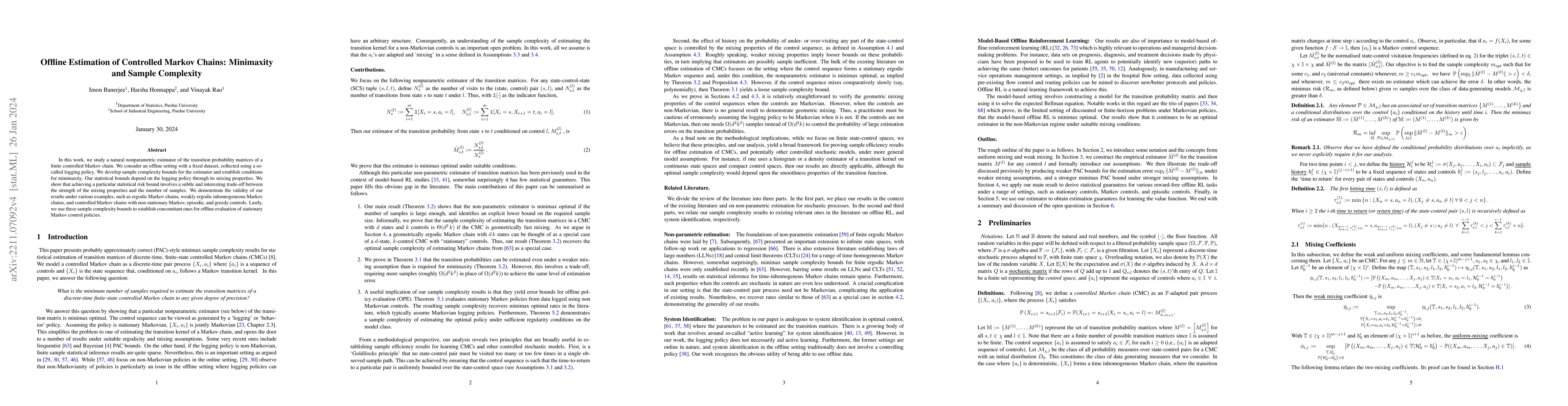 Thumbnail for Offline Estimation of Controlled Markov Chains: Minimaxity and Sample
  Complexity