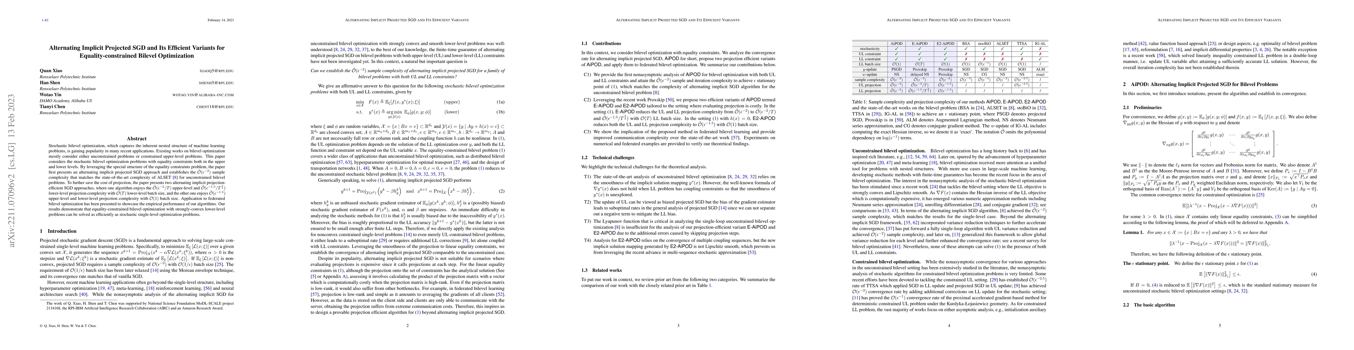 Thumbnail for Alternating Implicit Projected SGD and Its Efficient Variants for
  Equality-constrained Bilevel Optimization