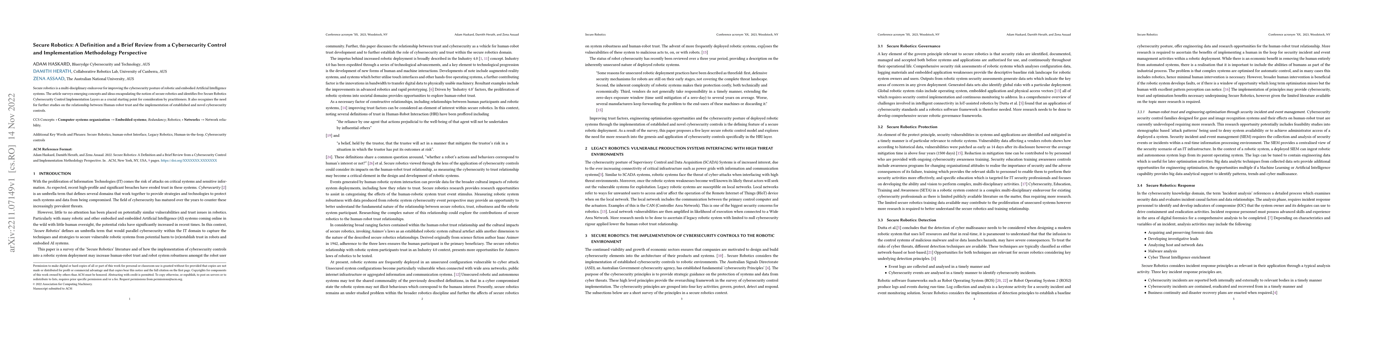 Thumbnail for Secure Robotics: A Definition and a Brief Review from a Cybersecurity
  Control and Implementation Methodology Perspective