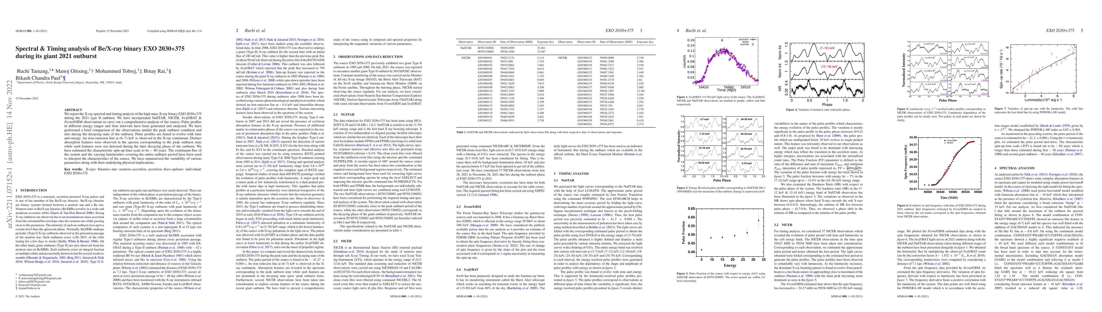 Thumbnail for Spectral & Timing analysis of Be/X-ray binary EXO 2030+375 during its
  giant 2021 outburst