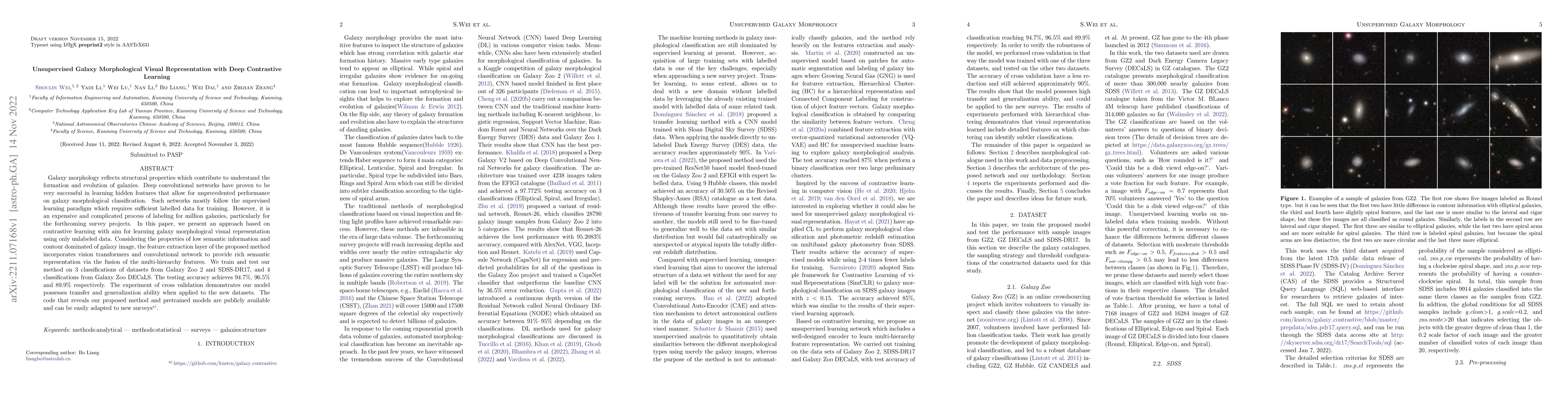 Thumbnail for Unsupervised Galaxy Morphological Visual Representation with Deep
  Contrastive Learning