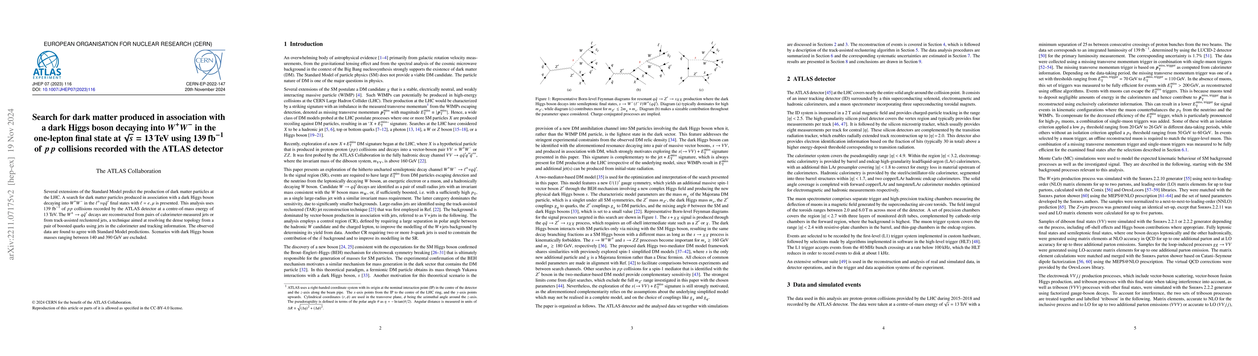Thumbnail for Search for dark matter produced in association with a dark Higgs boson
  decaying into $W^{+}W^{-}$ in the one-lepton final state at $\sqrt{s}$=13 TeV
  using 139 fb$^{-1}$ of $pp$ collisions recorded with the ATLAS detector