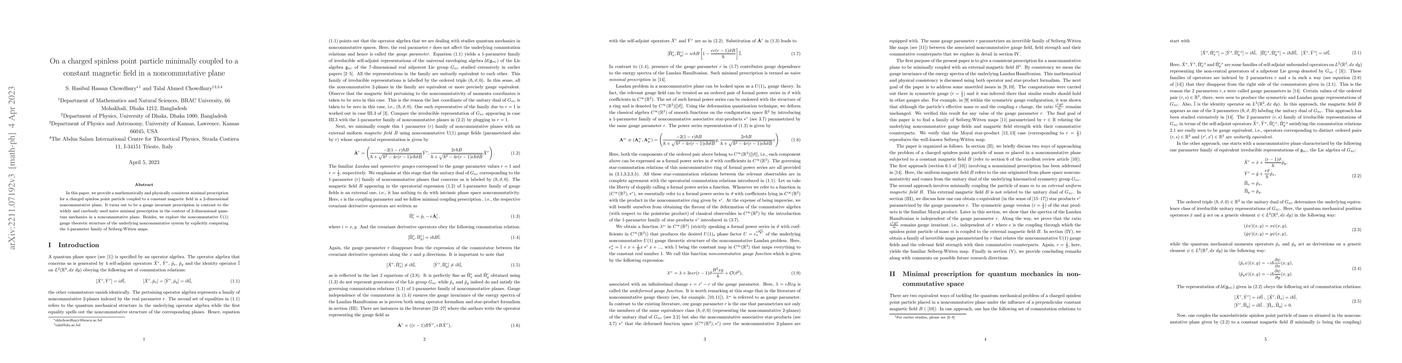Thumbnail for On a charged spinless point particle minimally coupled to a constant
  magnetic field in a noncommutative plane