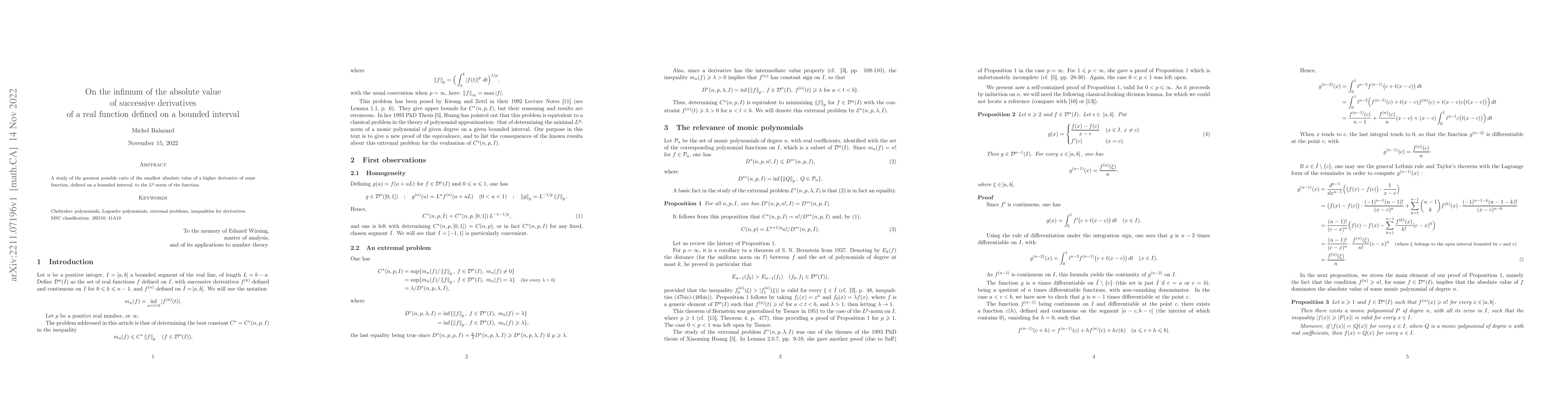 Thumbnail for On the infimum of the absolute value of successive derivatives of a real
  function defined on a bounded interval