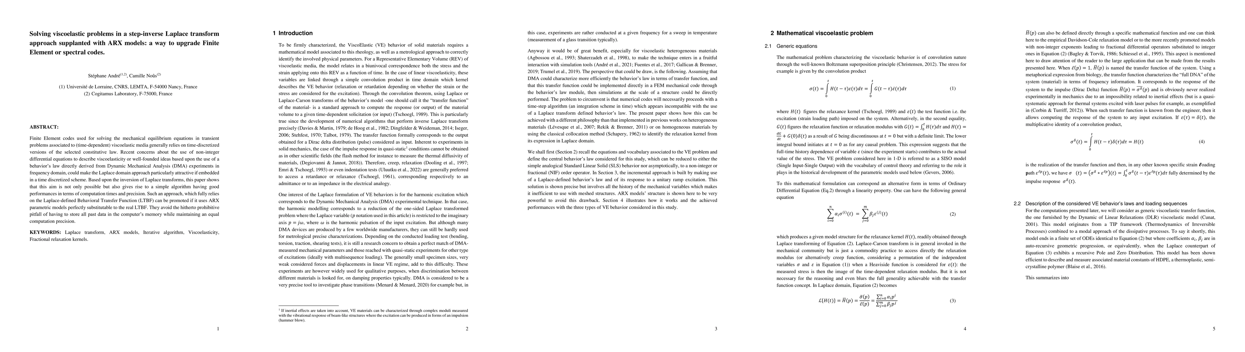 Thumbnail for Solving viscoelastic problems in a step-inverse Laplace transform
  approach supplanted with ARX models: a way to upgrade Finite Element or
  spectral codes