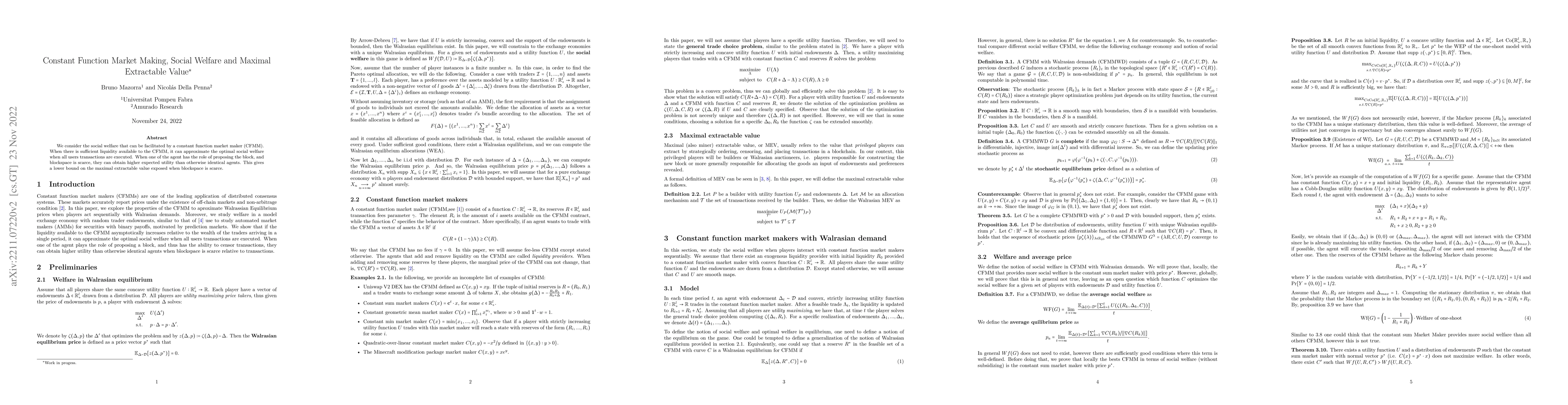 Thumbnail for Constant Function Market Making, Social Welfare and Maximal Extractable
  Value