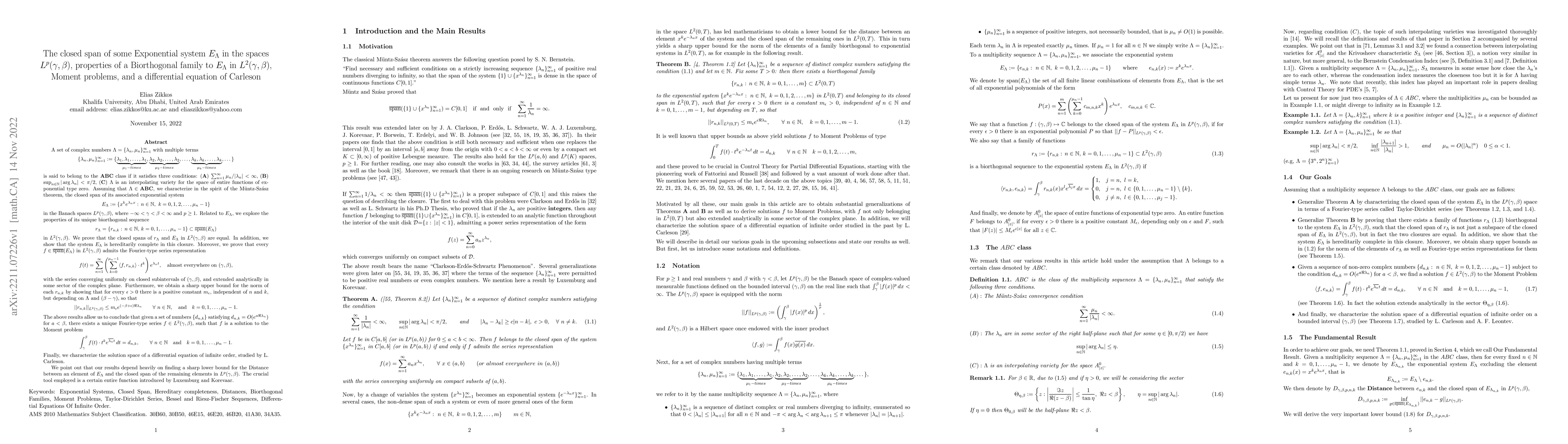 Thumbnail for The closed span of some Exponential system $E_{\Lambda}$ in the spaces
  $L^p(\gamma,\beta)$, properties of a Biorthogonal family to $E_{\Lambda}$ in
  $L^2(\gamma,\beta)$, Moment problems, and a differential equation of Carleson