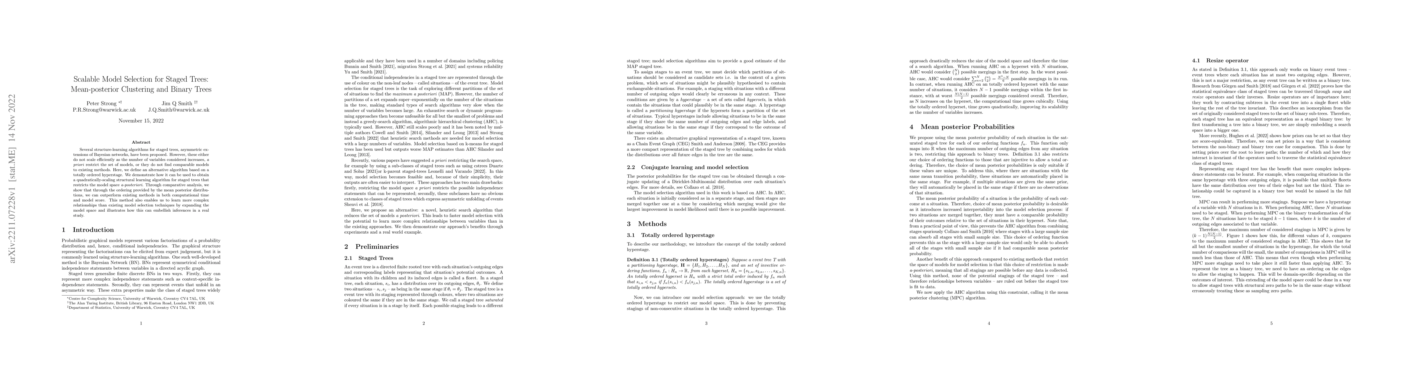 Thumbnail for Scalable Model Selection for Staged Trees: Mean-posterior Clustering and
  Binary Trees