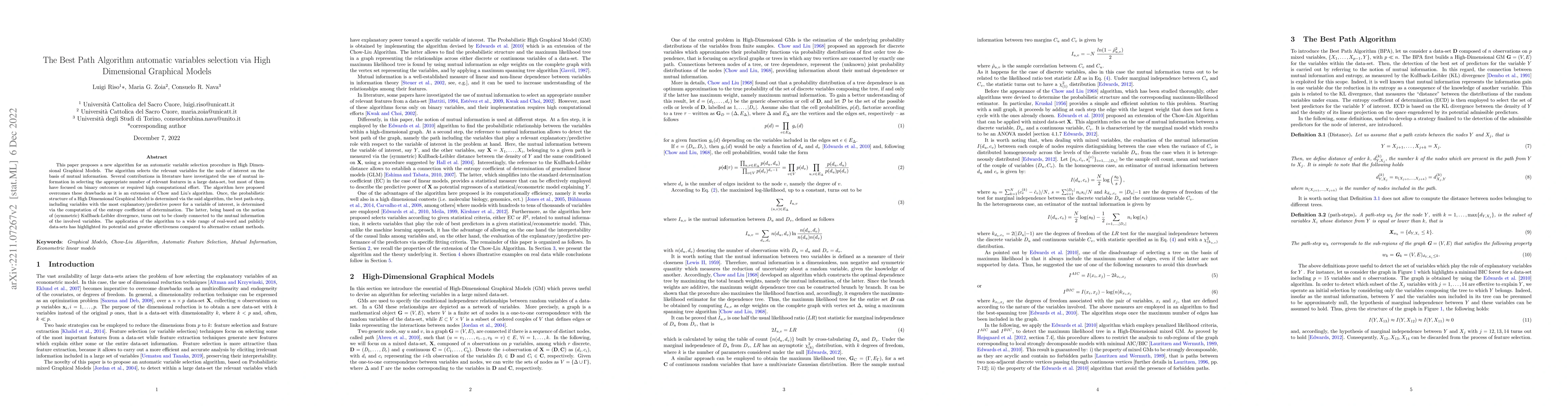 Thumbnail for The Best Path Algorithm automatic variables selection via High
  Dimensional Graphical Models