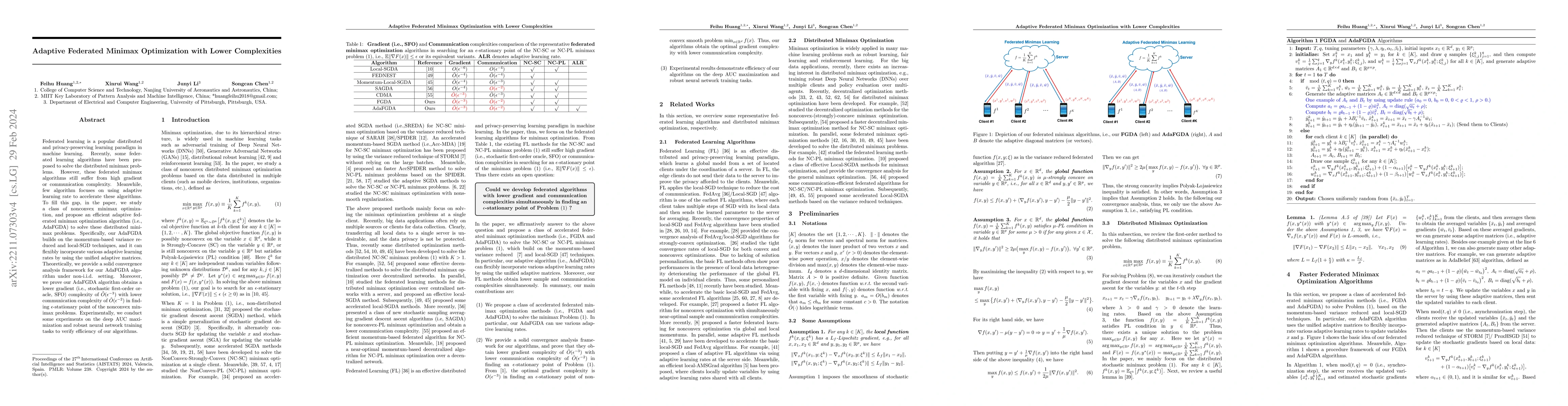 Thumbnail for Adaptive Federated Minimax Optimization with Lower Complexities