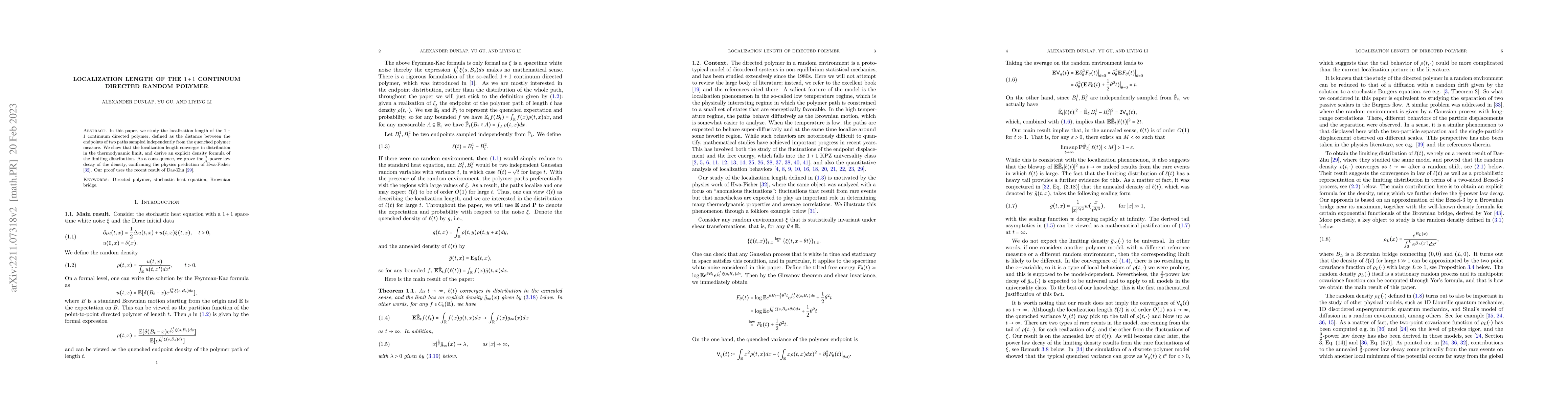 Thumbnail for Localization length of the $1+1$ continuum directed random polymer