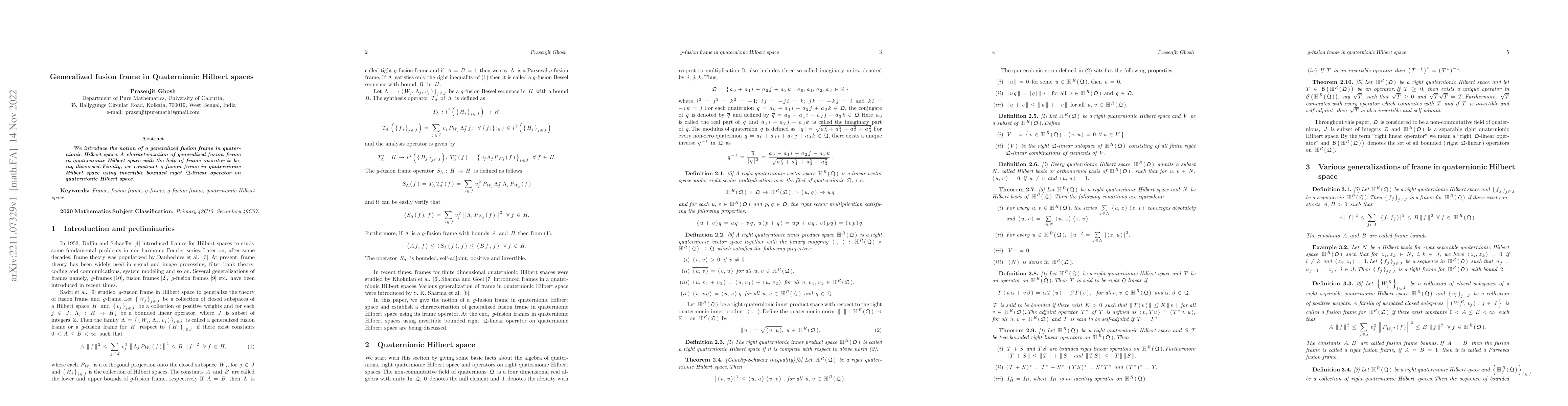 Thumbnail for Generalized fusion frame in Quaternionic Hilbert spaces