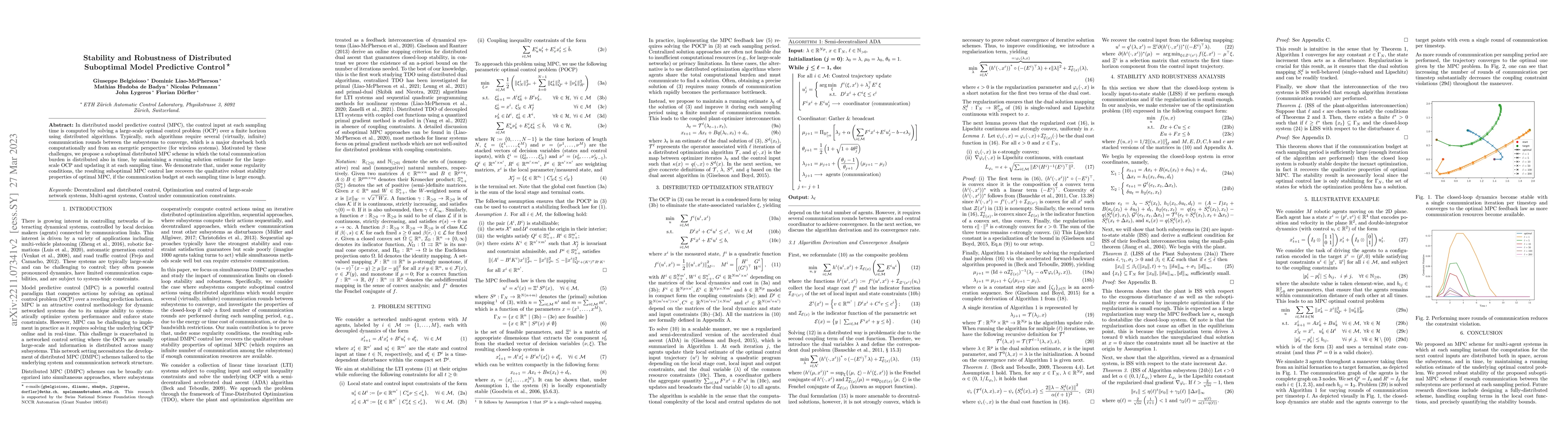 Thumbnail for Stability and Robustness of Distributed Suboptimal Model Predictive
  Control