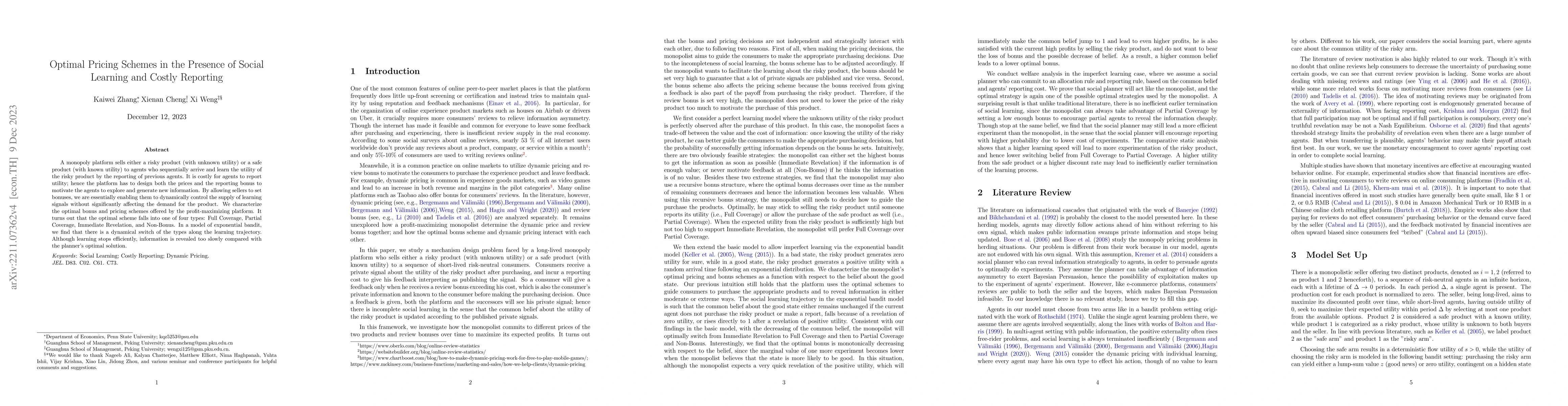 Thumbnail for Optimal Pricing Schemes in the Presence of Social Learning and Costly
  Reporting