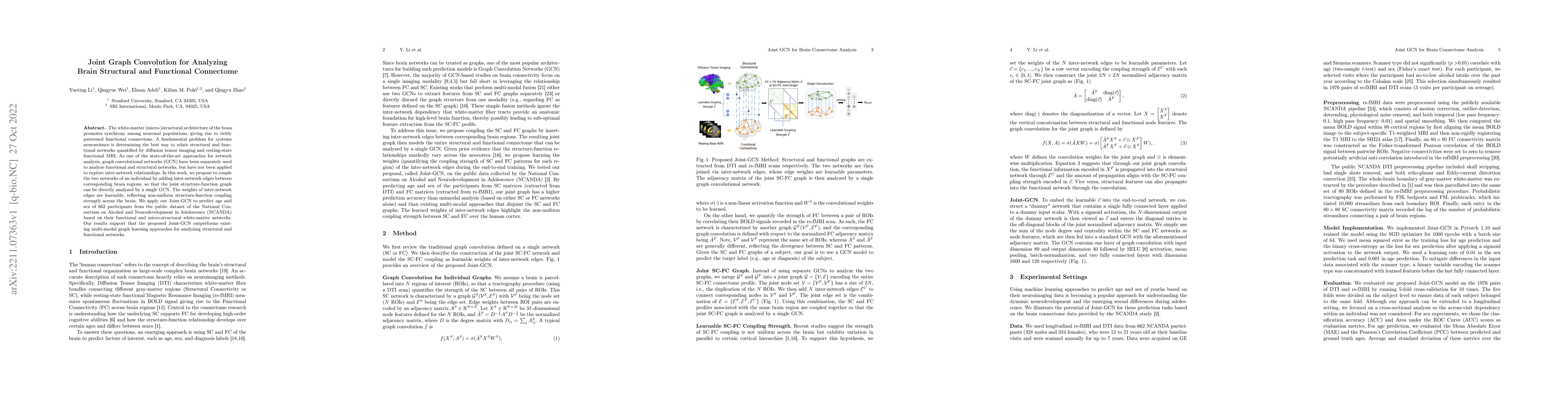 Thumbnail for Joint Graph Convolution for Analyzing Brain Structural and Functional
  Connectome