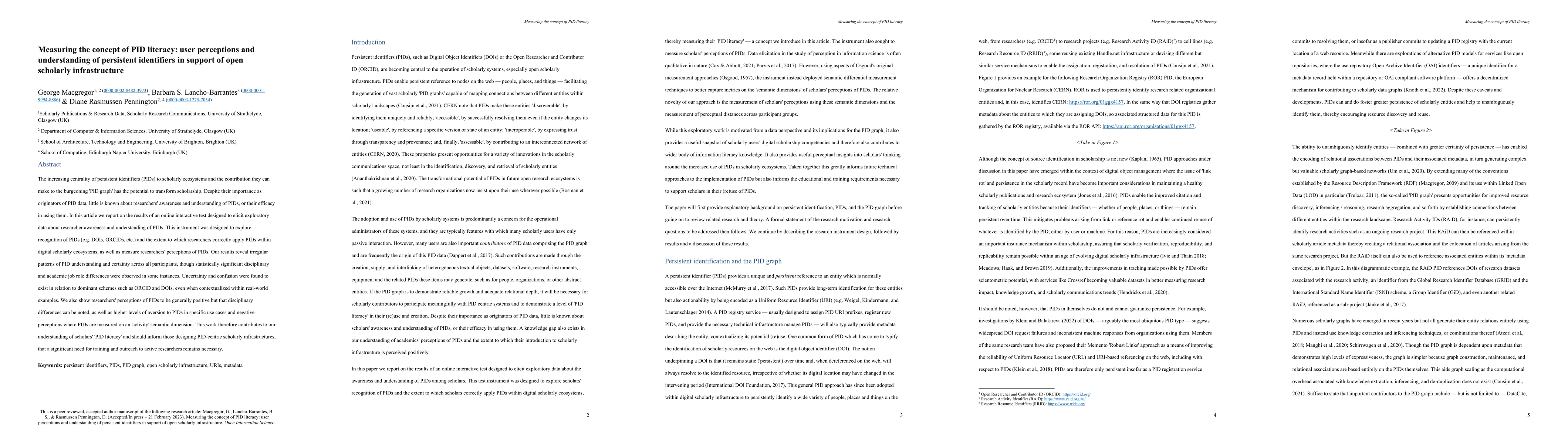 Thumbnail for Measuring the concept of PID literacy: user perceptions and
  understanding of persistent identifiers in support of open scholarly
  infrastructure