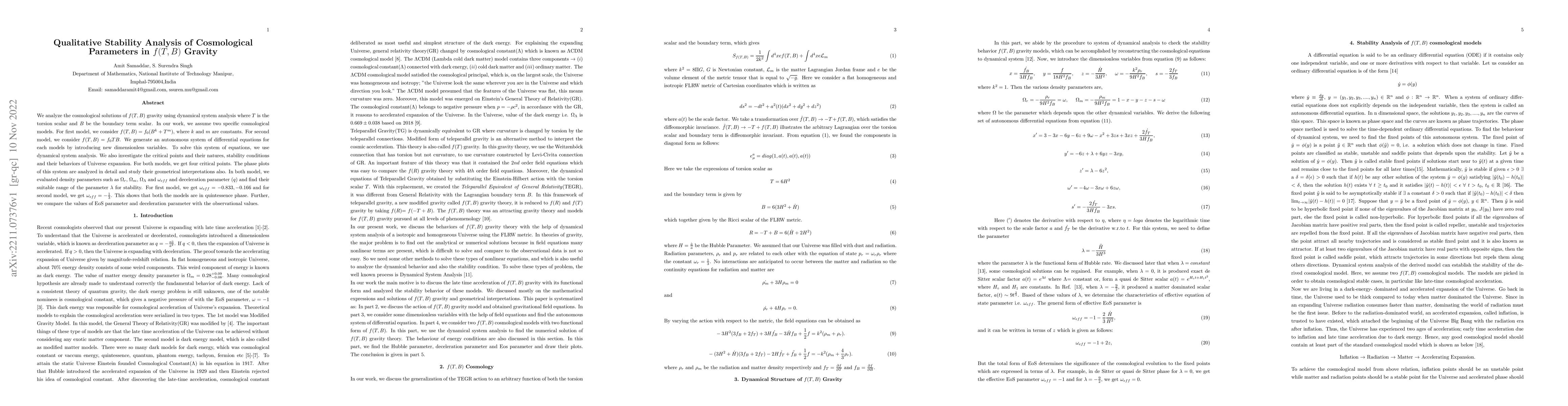 Thumbnail for Qualitative Stability Analysis of Cosmological Parameters in $f(T,B)$
  Gravity
