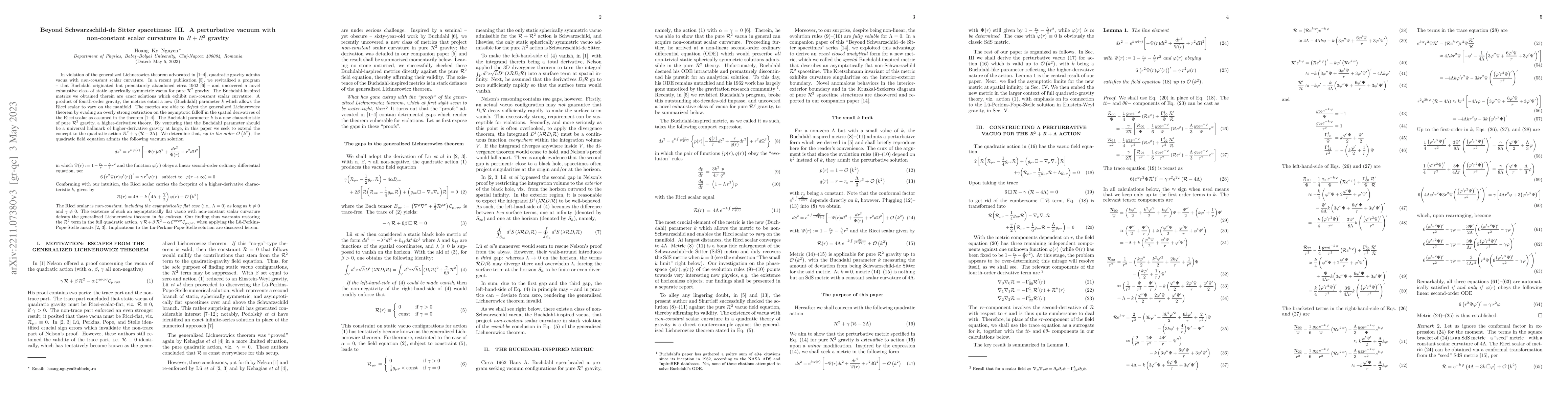 Thumbnail for Beyond Schwarzschild-de Sitter spacetimes: III. A perturbative vacuum
  with non-constant scalar curvature in $R+R^2$ gravity