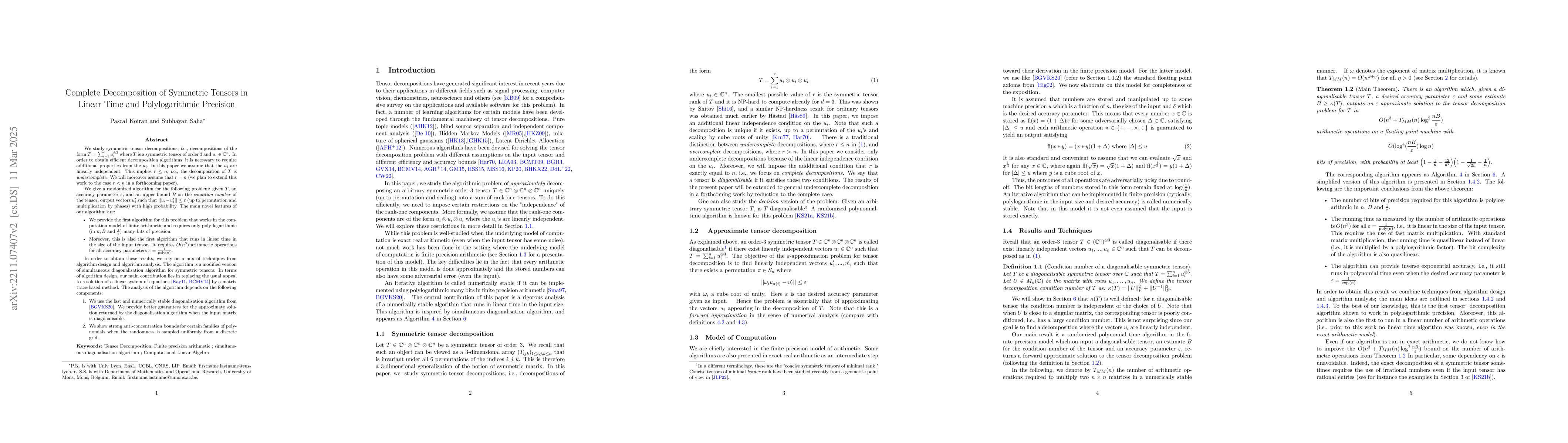 Thumbnail for Complete Decomposition of Symmetric Tensors in Linear Time and
  Polylogarithmic Precision