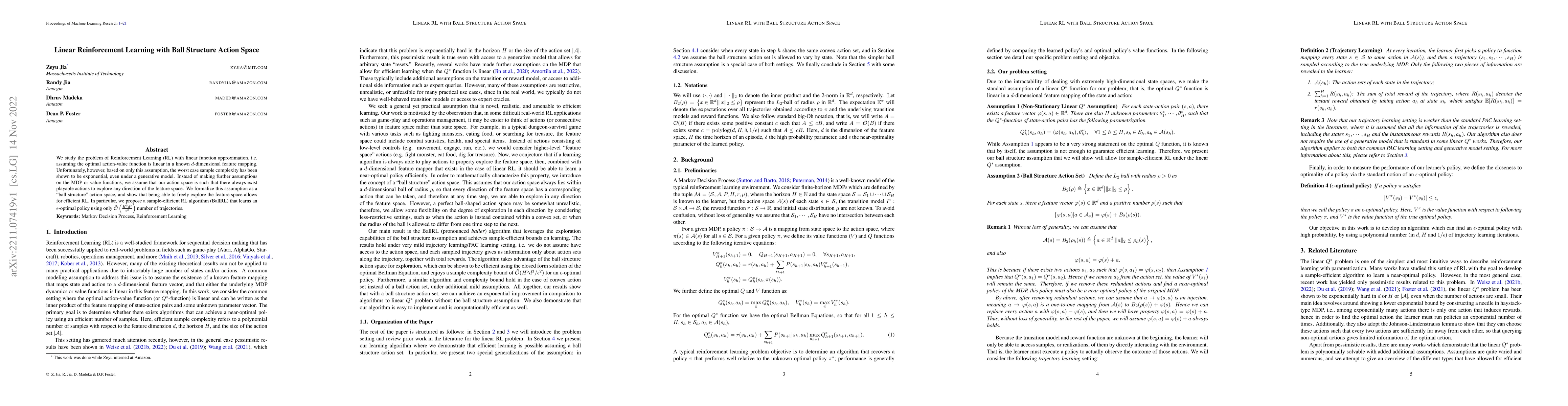 Thumbnail for Linear Reinforcement Learning with Ball Structure Action Space