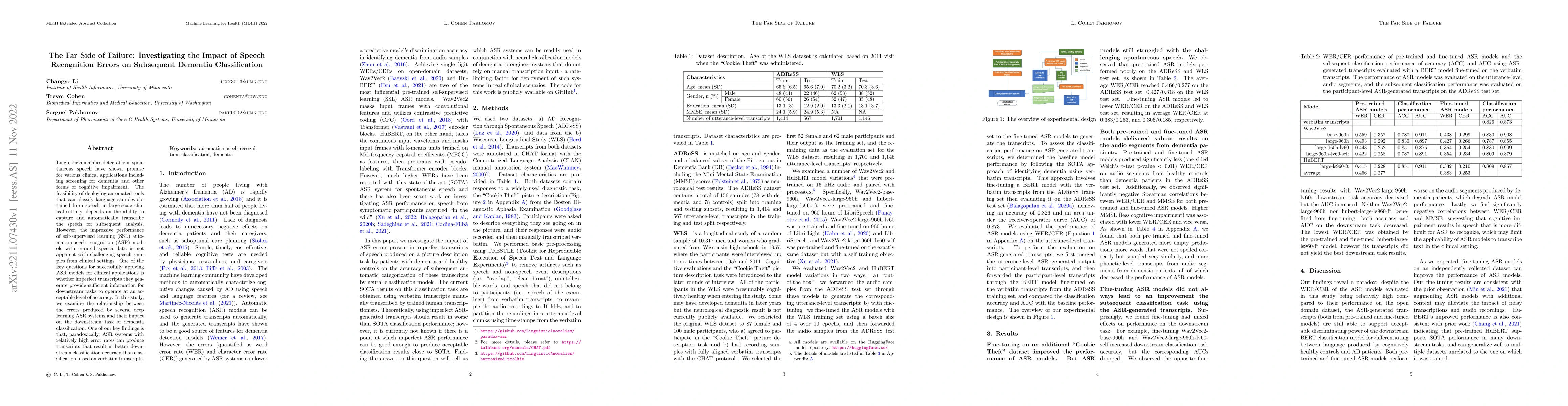Thumbnail for The Far Side of Failure: Investigating the Impact of Speech Recognition
  Errors on Subsequent Dementia Classification