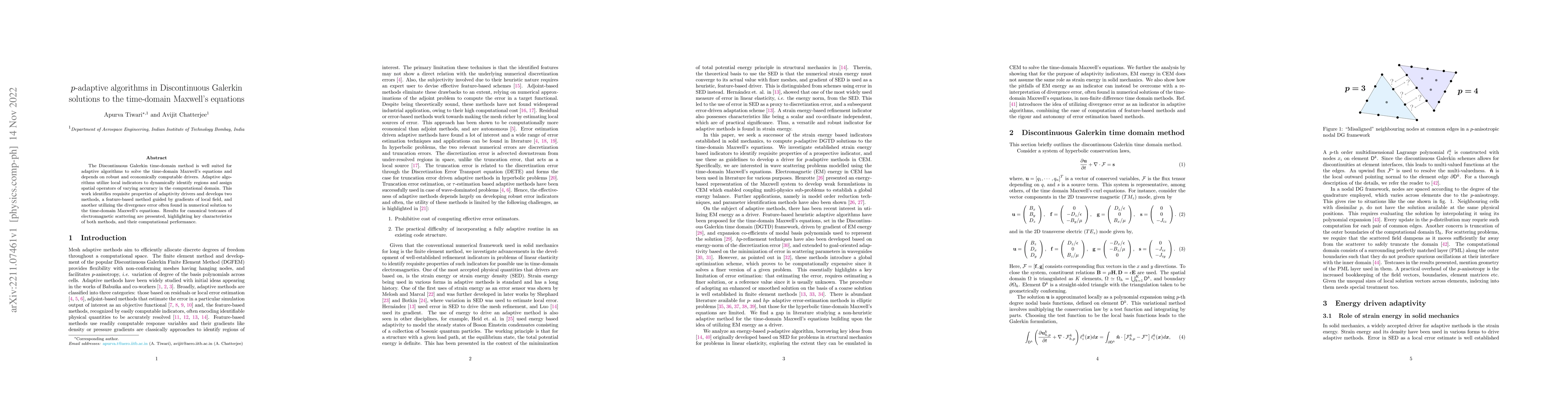 Thumbnail for $p$-adaptive algorithms in Discontinuous Galerkin solutions to the
  time-domain Maxwell's equations