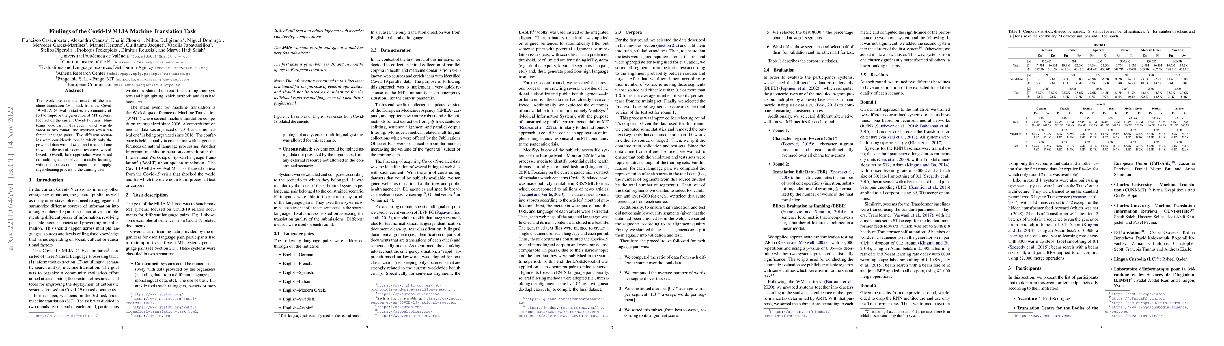 Thumbnail for Findings of the Covid-19 MLIA Machine Translation Task