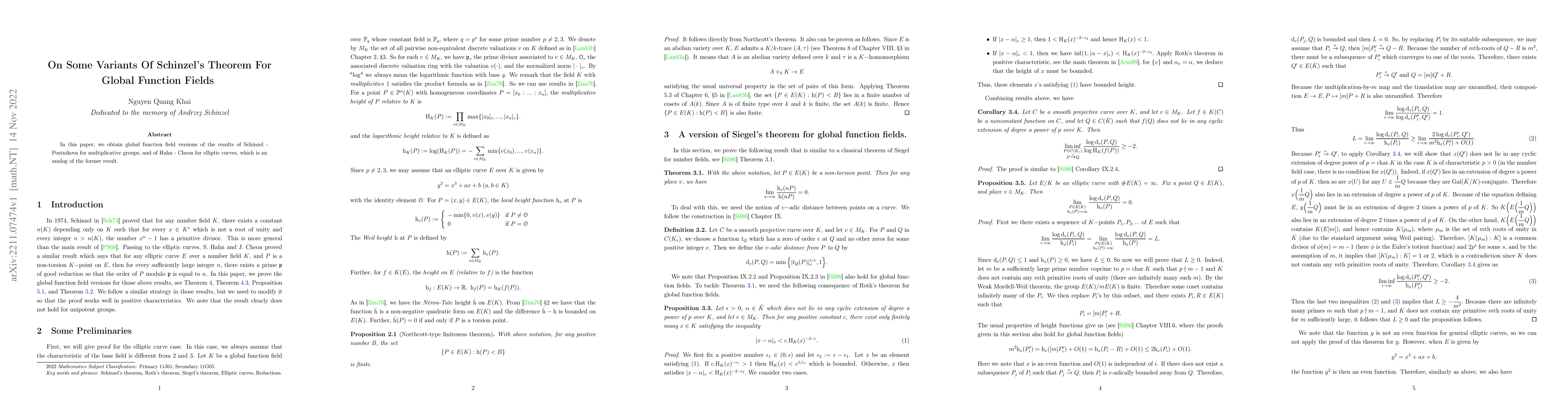 Thumbnail for On Some Variants Of Schinzel's Theorem For Global Function Fields