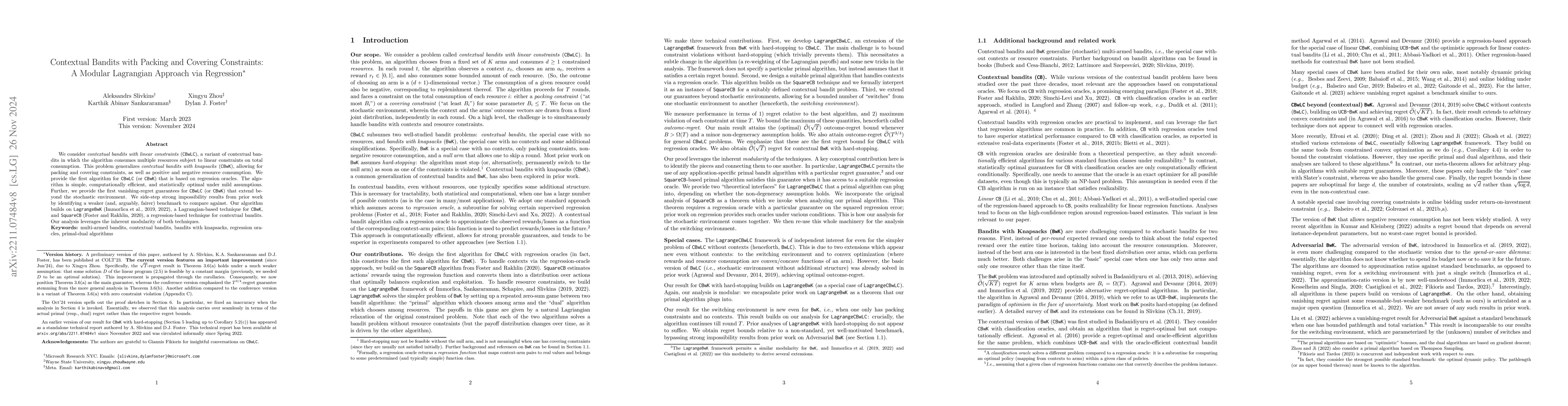Thumbnail for Contextual Bandits with Packing and Covering Constraints: A Modular
  Lagrangian Approach via Regression