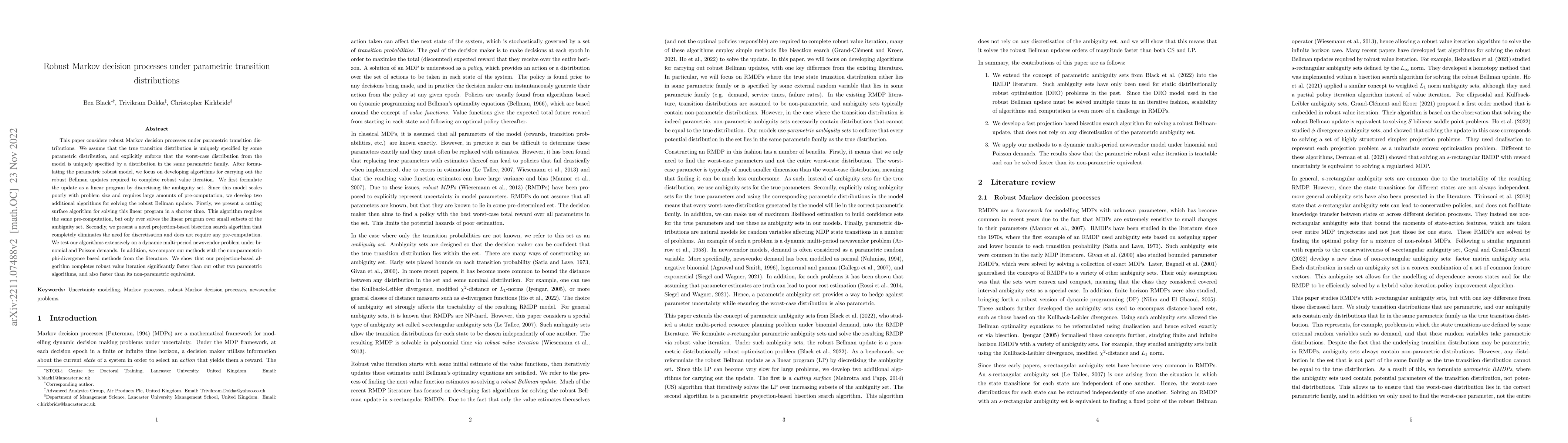 Thumbnail for Robust Markov decision processes under parametric transition
  distributions