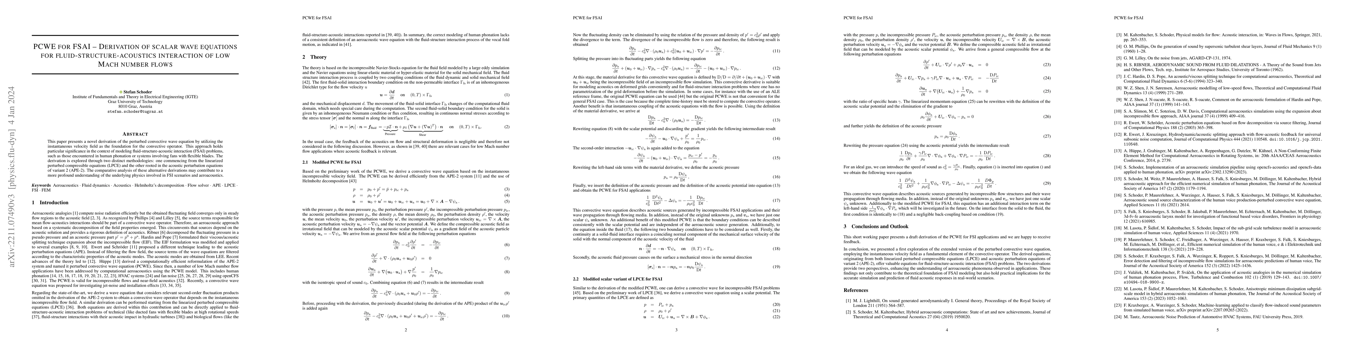 Thumbnail for PCWE for FSAI -- Derivation of scalar wave equations for
  fluid-structure-acoustics interaction of low Mach number flows