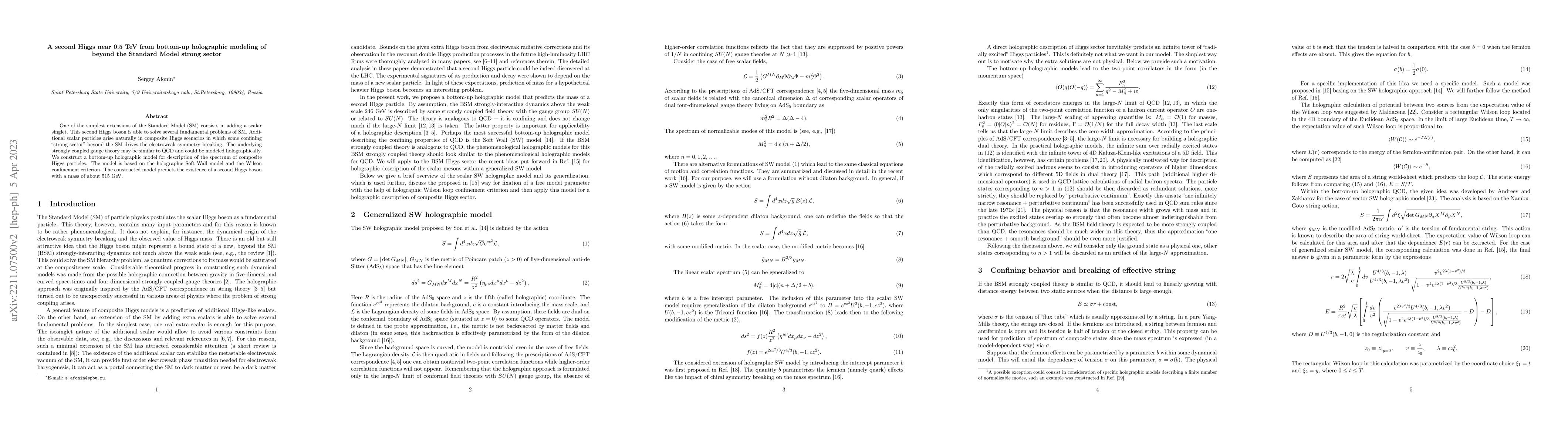 Thumbnail for A second Higgs near 0.5 TeV from bottom-up holographic modeling of
  beyond the Standard Model strong sector