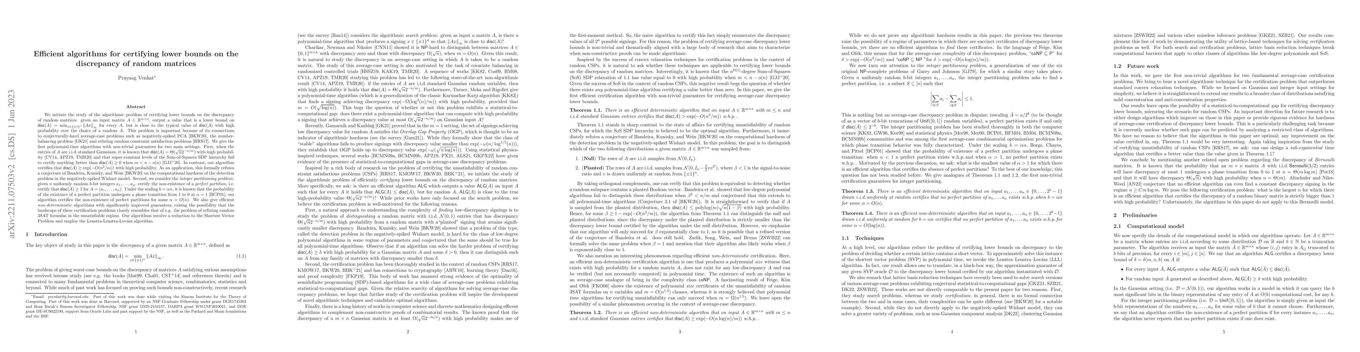 Thumbnail for Efficient algorithms for certifying lower bounds on the discrepancy of
  random matrices